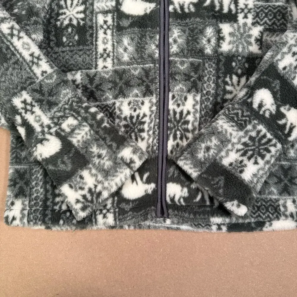 Polar Bear Snowflake Pattern Fleece Zip Jacket Winter Gray White Women’s Large